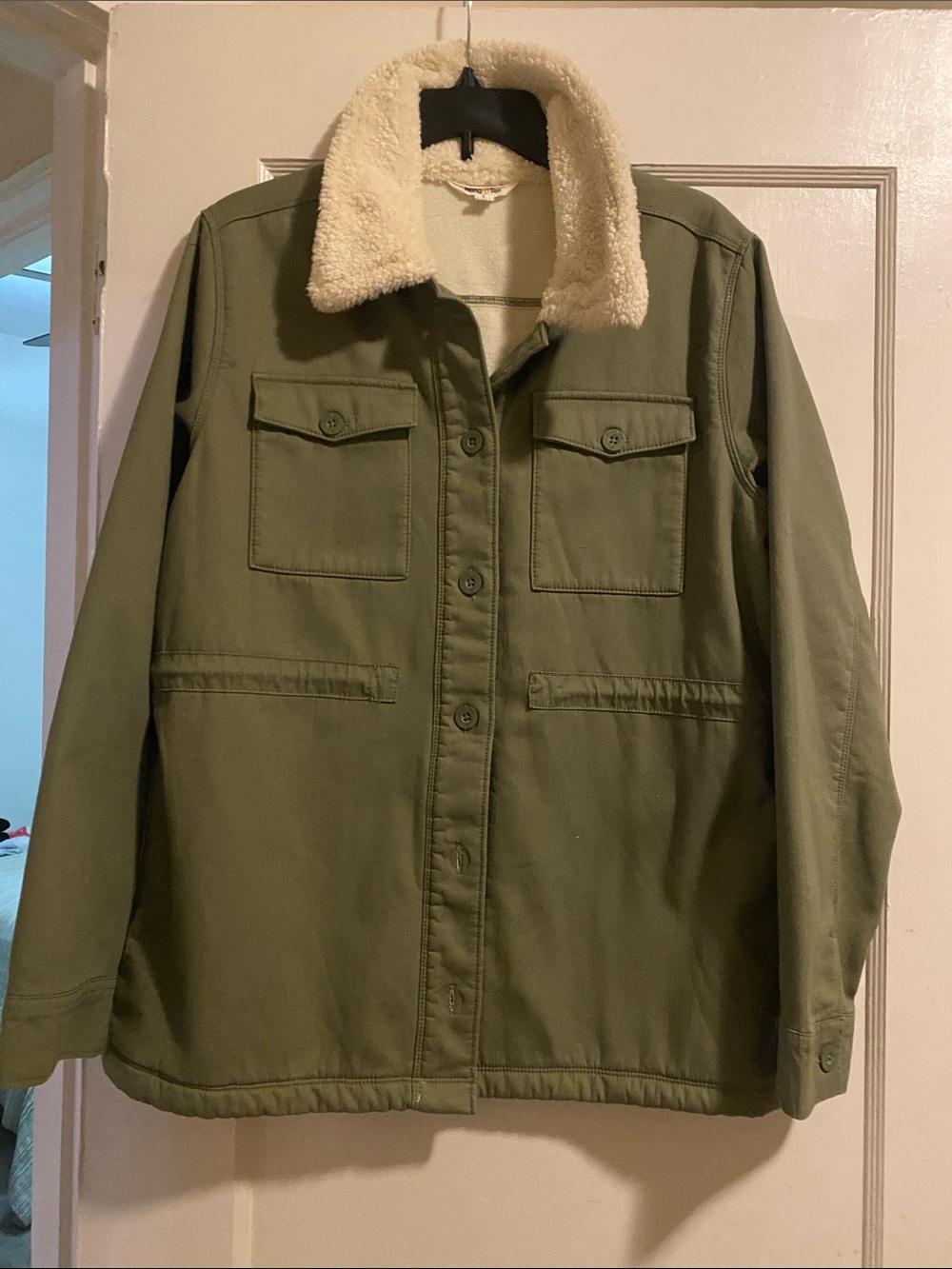 & Other Stories Olive Utility Jacket with Cream Sherpa Collar